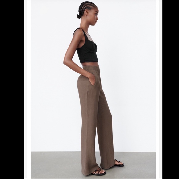 ZARA Textured Straight Leg Pants Brown Taupe - Picture 4 of 7